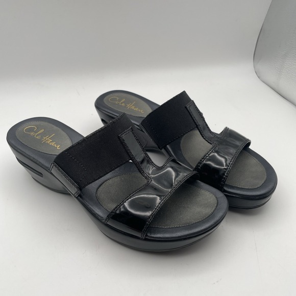 Cole Haan Sandals Women 8 M Black Leather Slip On Wedge Straps Shoes - Picture 1 of 13